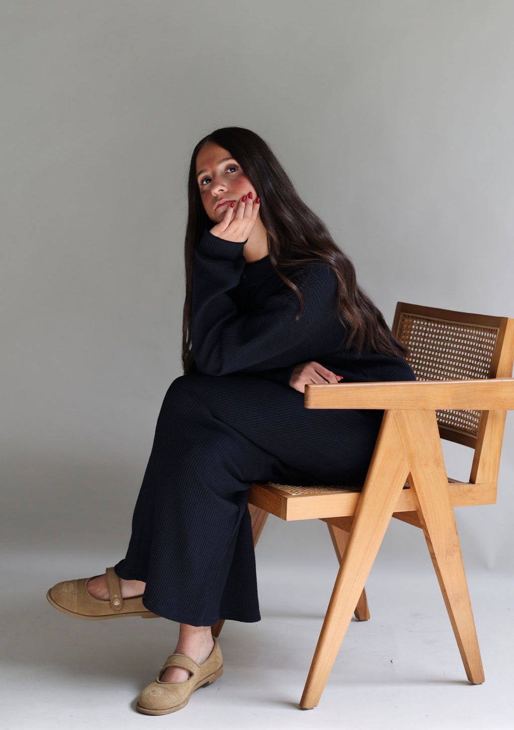 Navy  waffle polo skirt set