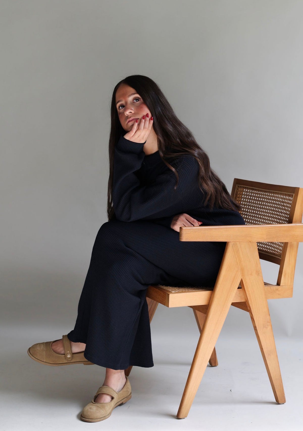 Navy  waffle polo skirt set