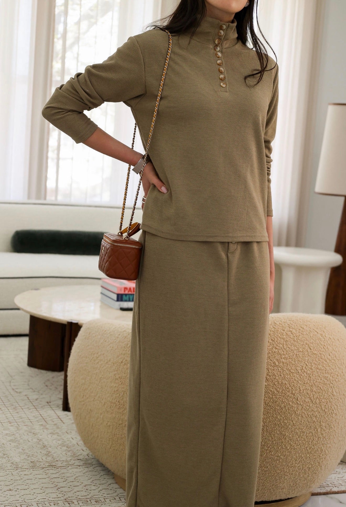 Khaki 9 button waffle set