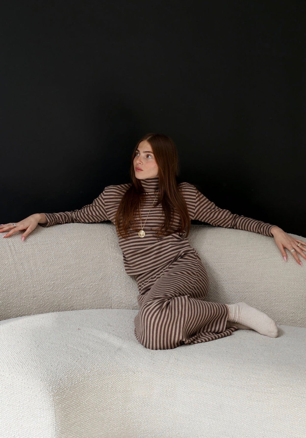 Brown Stripe Turtleneck Set