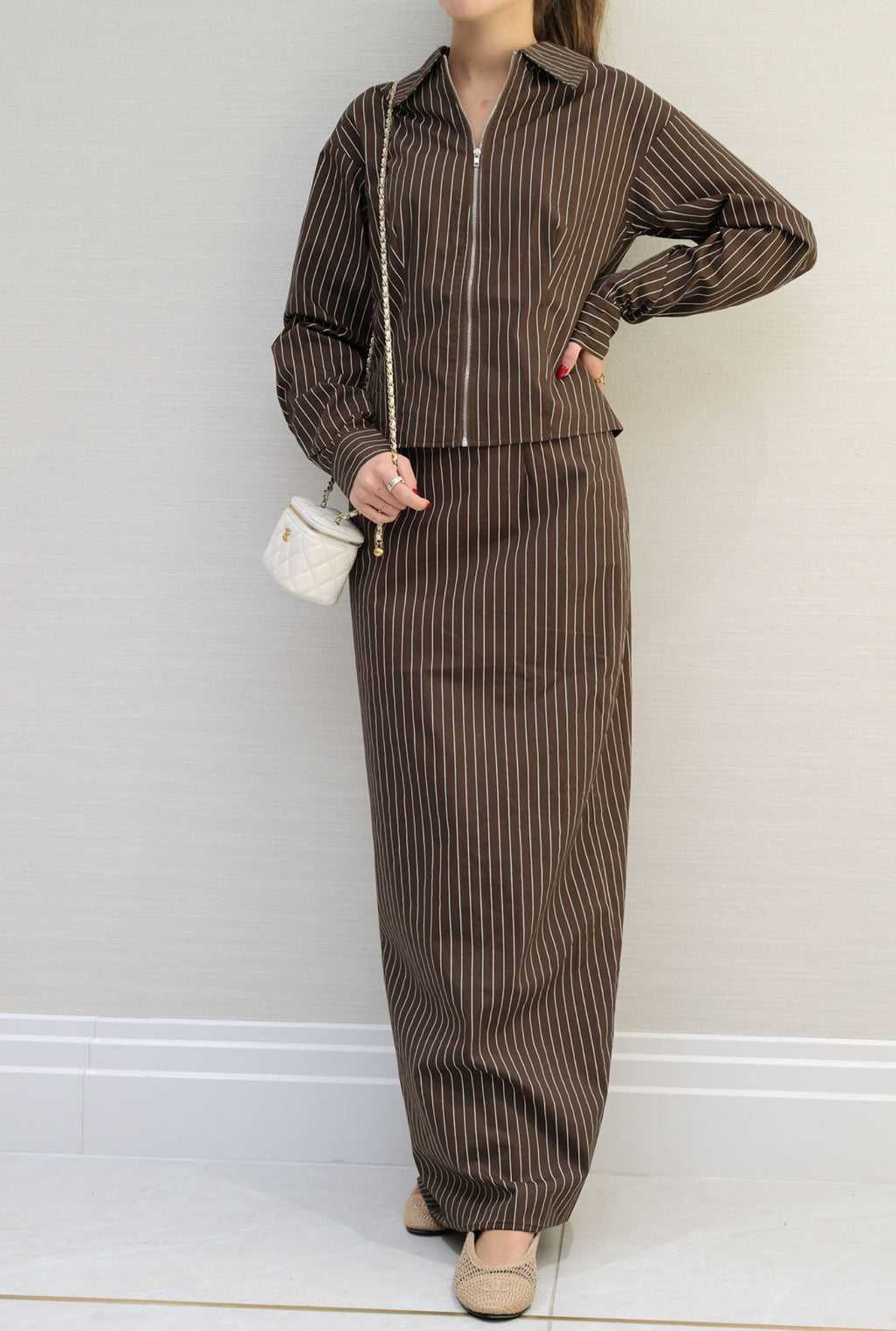 Brown pinstripe skirt set