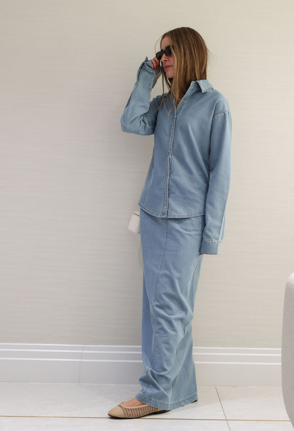 Denim button down skirt set