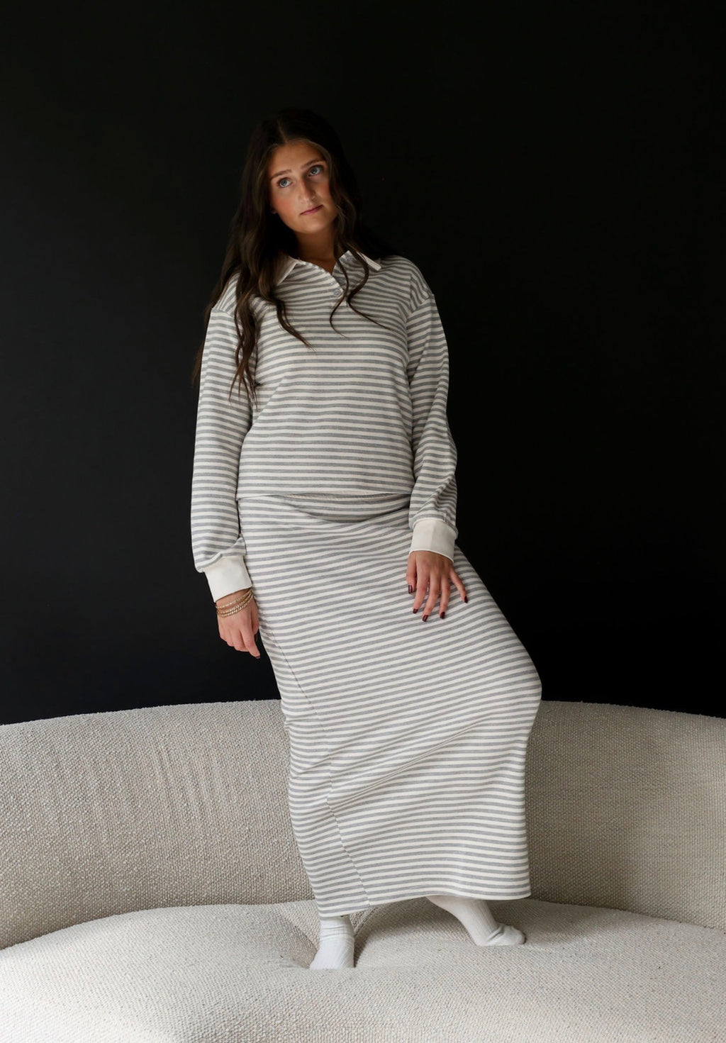 Grey stripe polo set