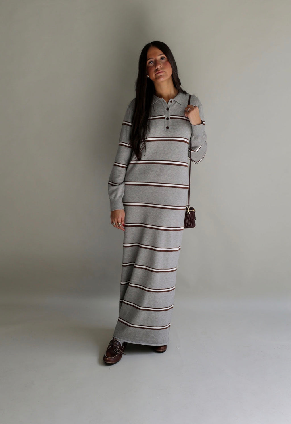 Grey stripe maxi knit dress