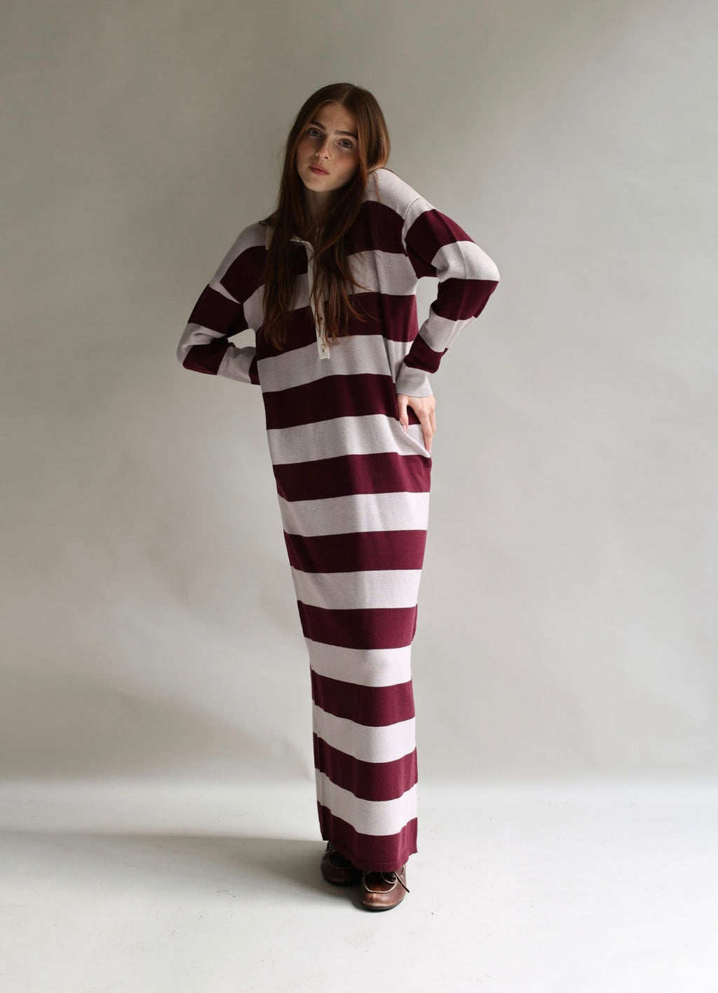 Burgundy knit maxi stripe dress