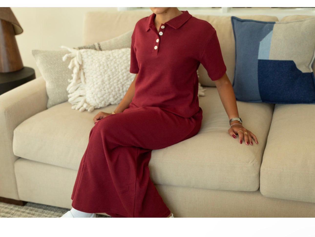 Burgundy short sleeve waffle set