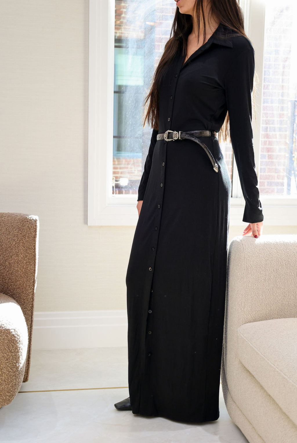Maxi black button down dress - belt not included