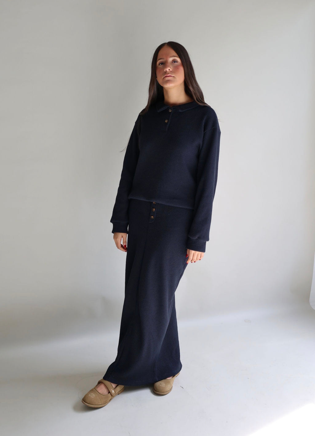 Navy  waffle polo skirt set