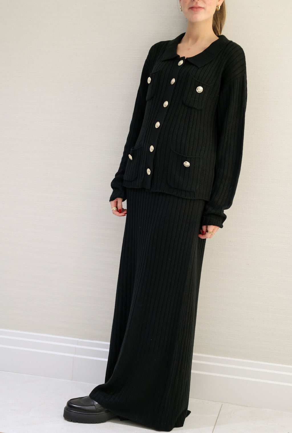 Knit / gold button detail skirt set