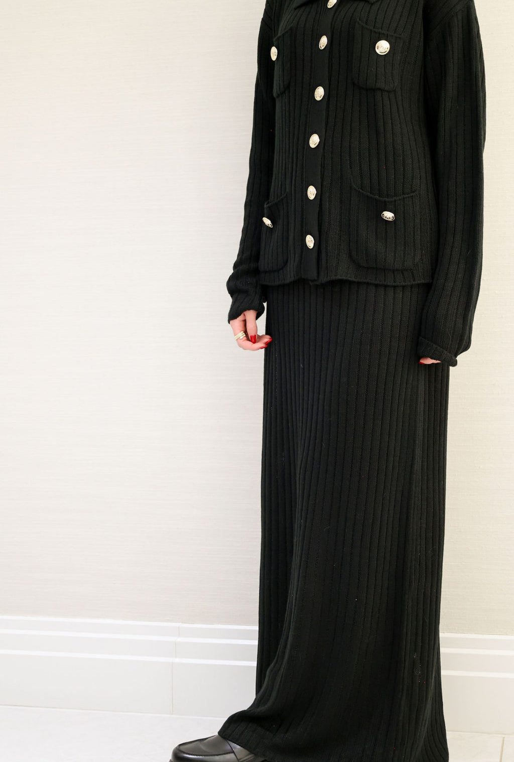 Knit / gold button detail skirt set