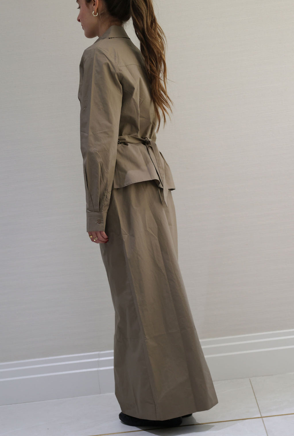 Taupe button down skirt set