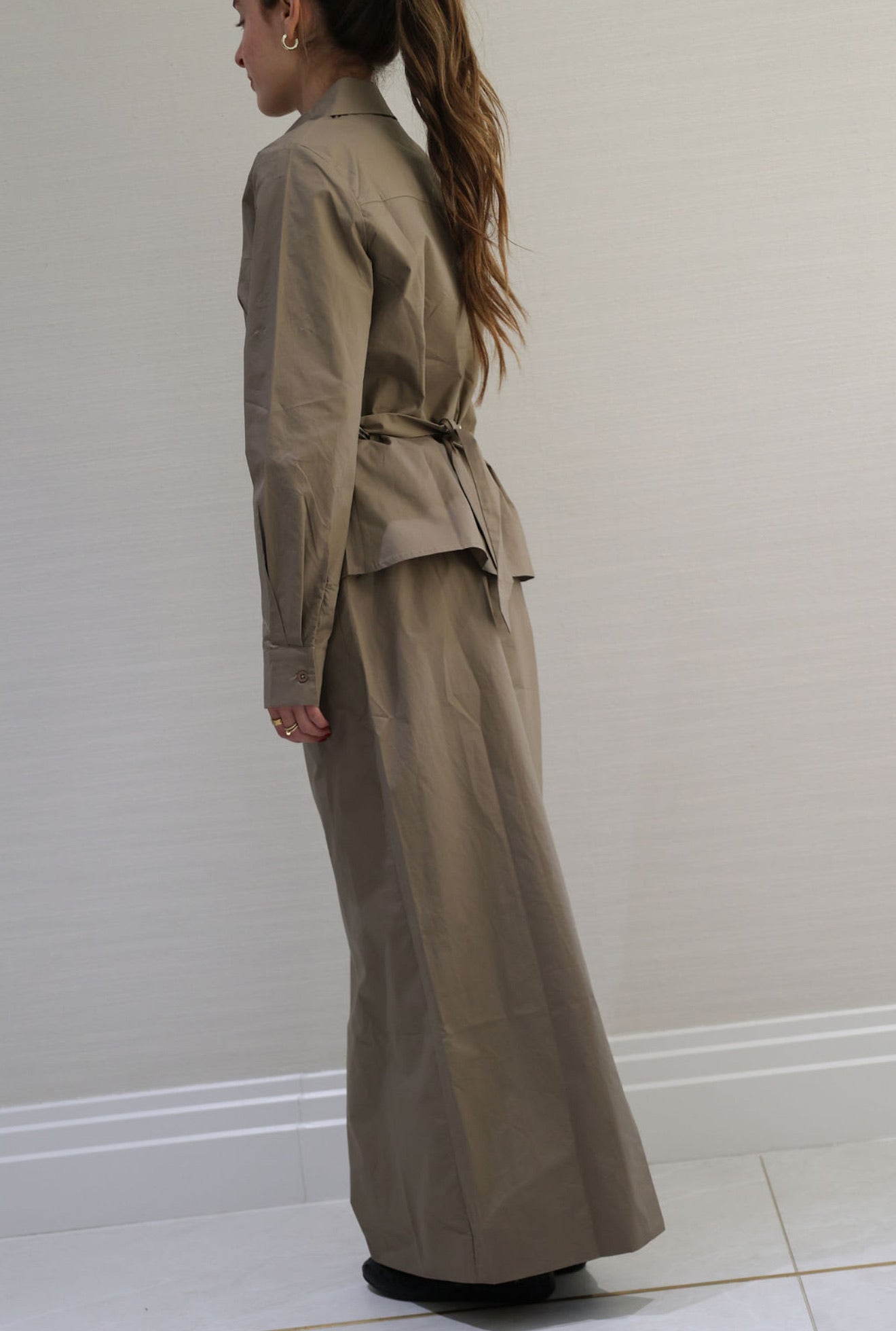 Taupe button down skirt set