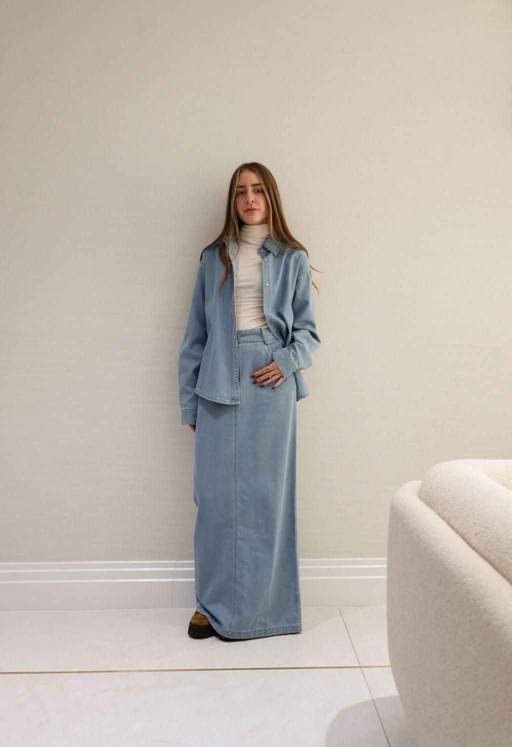 Denim button down skirt set