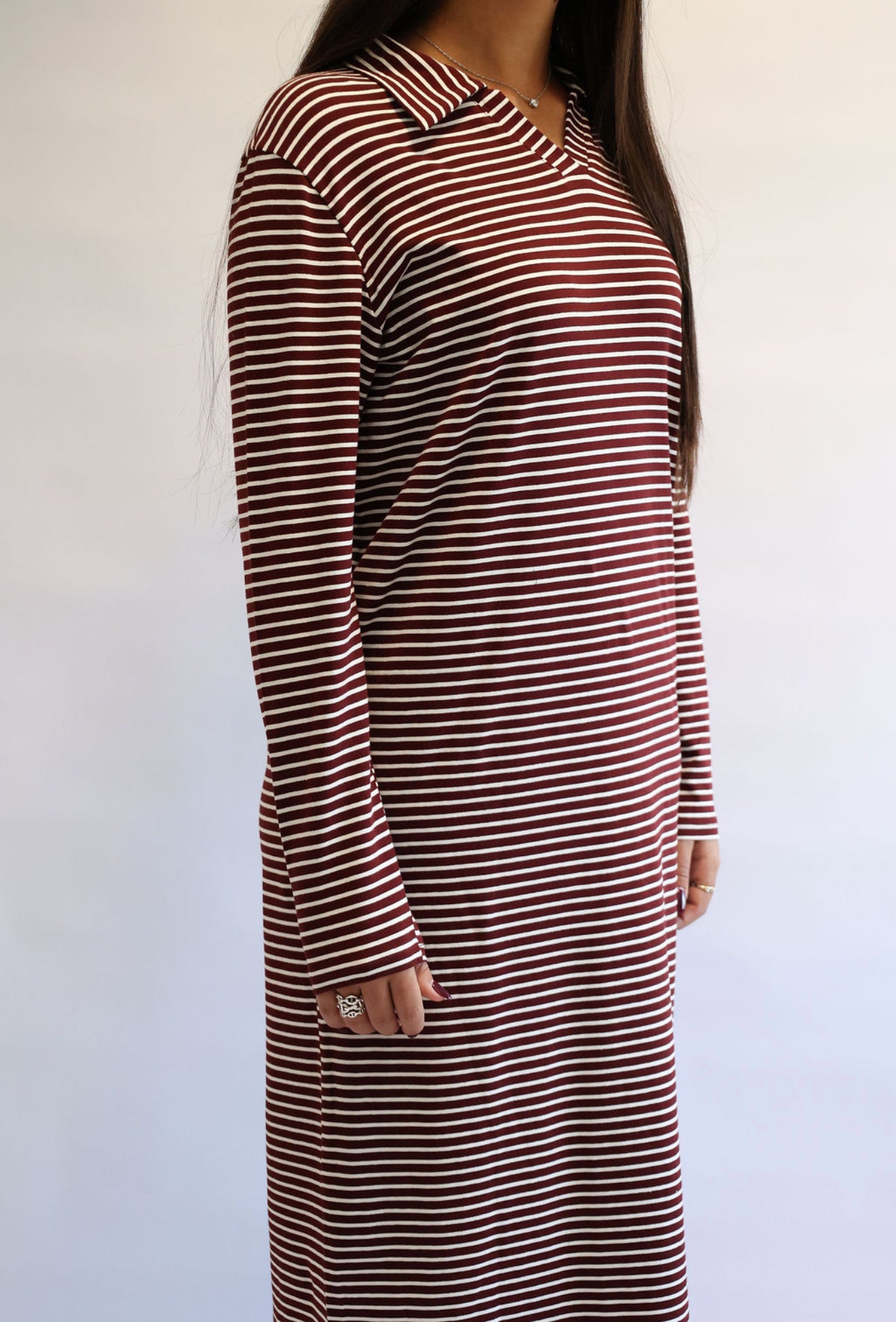 Oversized burgundy stripe v neck dress - do not size up