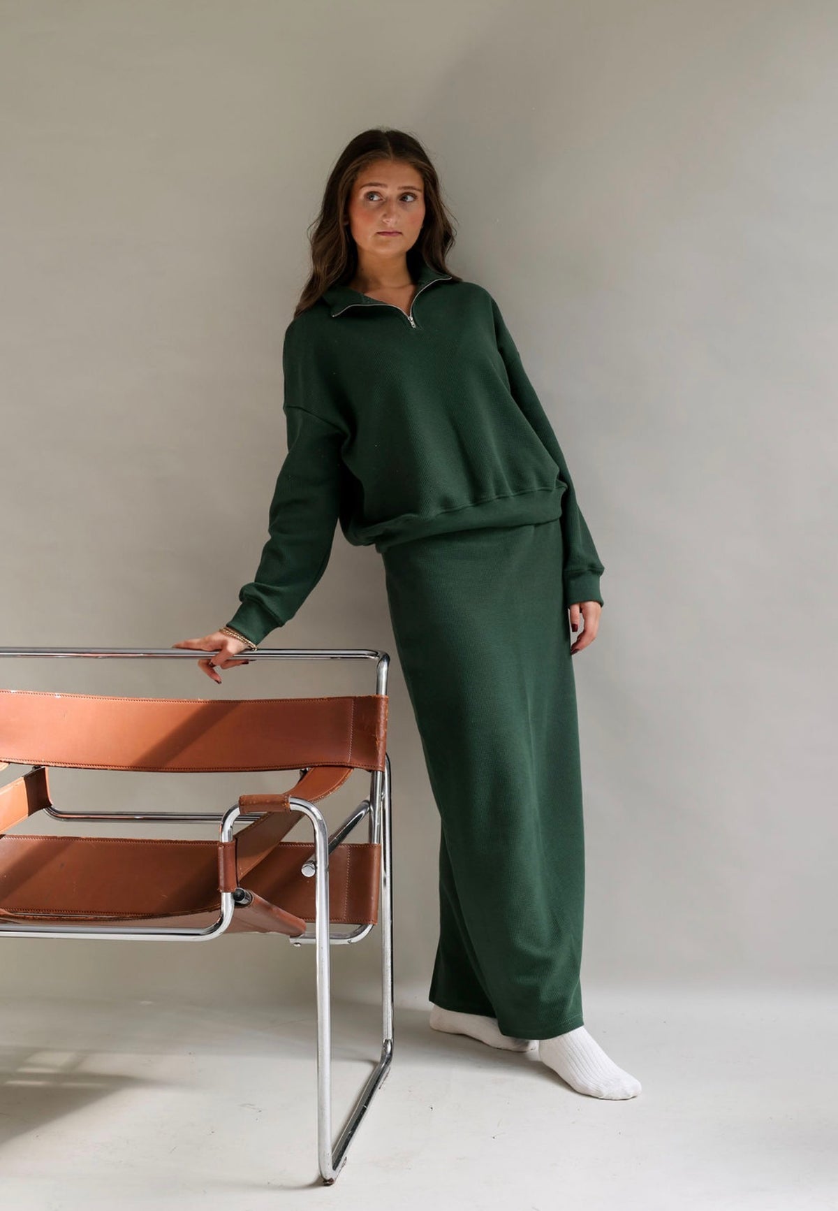 Green waffle half zip