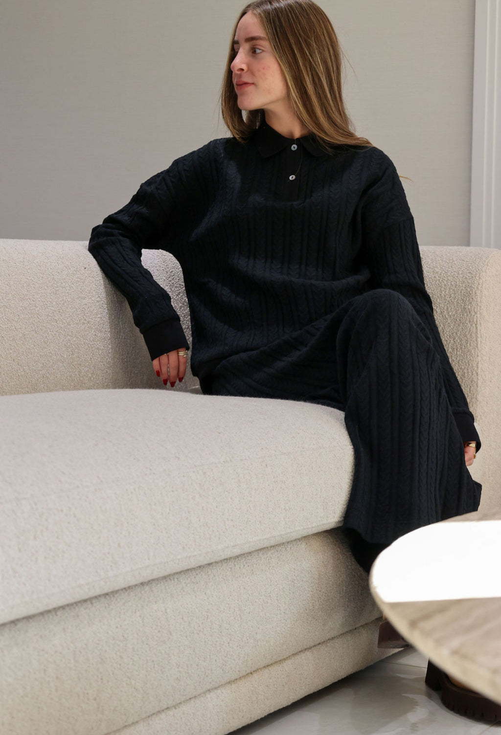 Black cable knit polo set