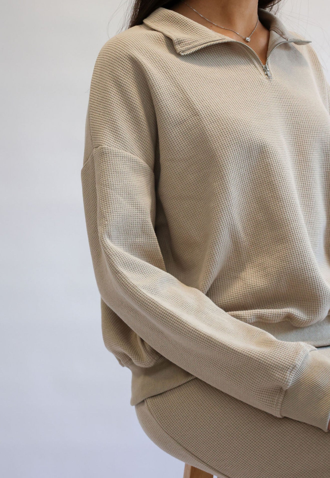 Taupe waffle half zip set