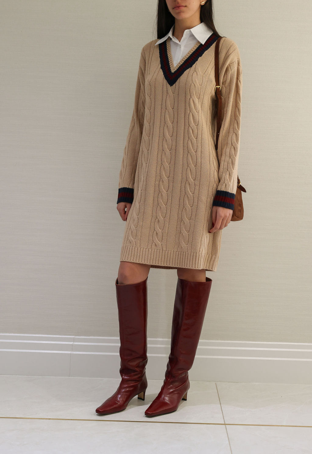 Brown stripe cable knit mini dress
