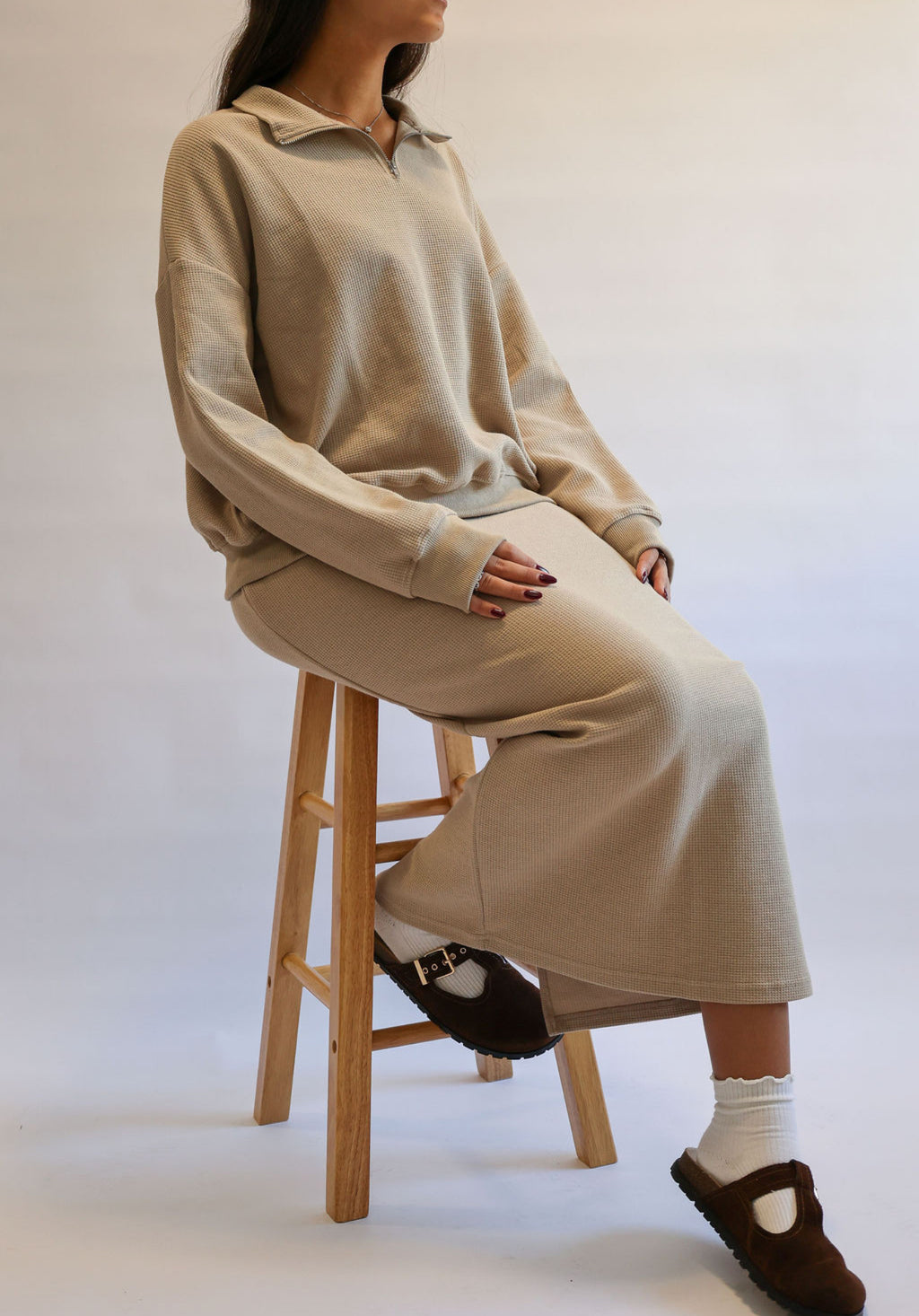 Taupe waffle half zip set