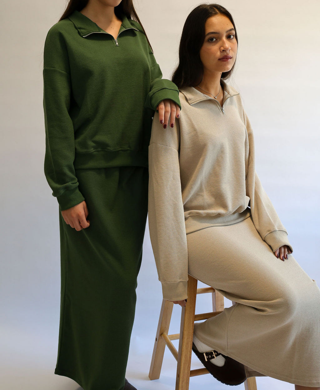 Taupe waffle half zip set