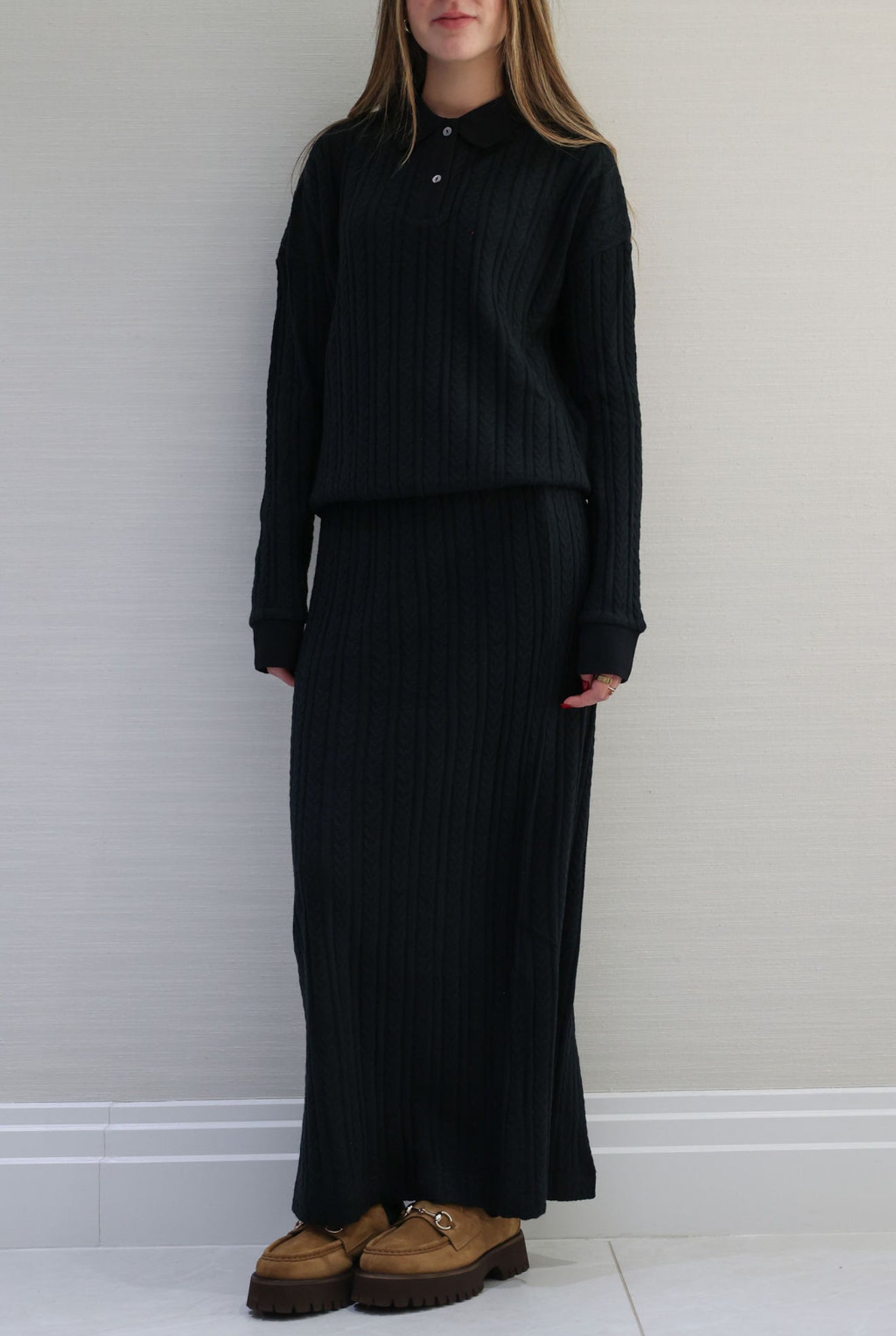 Black cable knit polo set