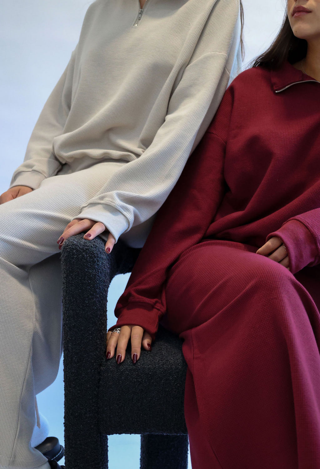 Burgundy waffle half zip skirt set