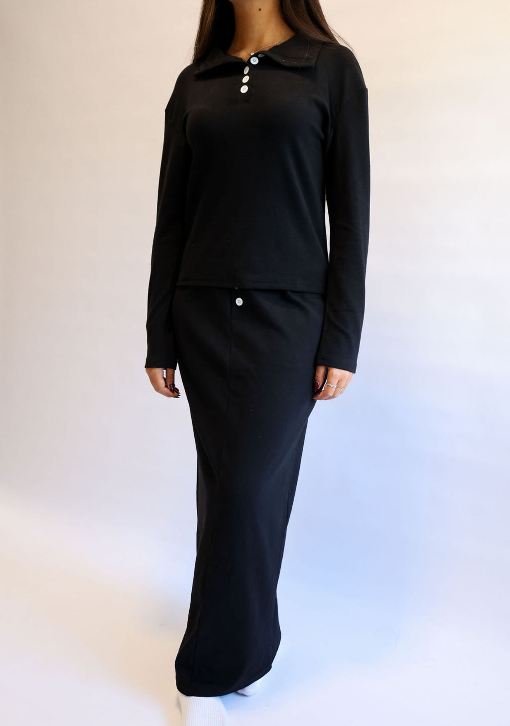 9 button black skirt set