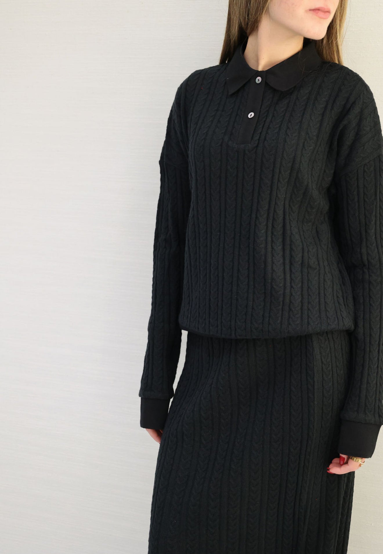 Black cable knit polo set