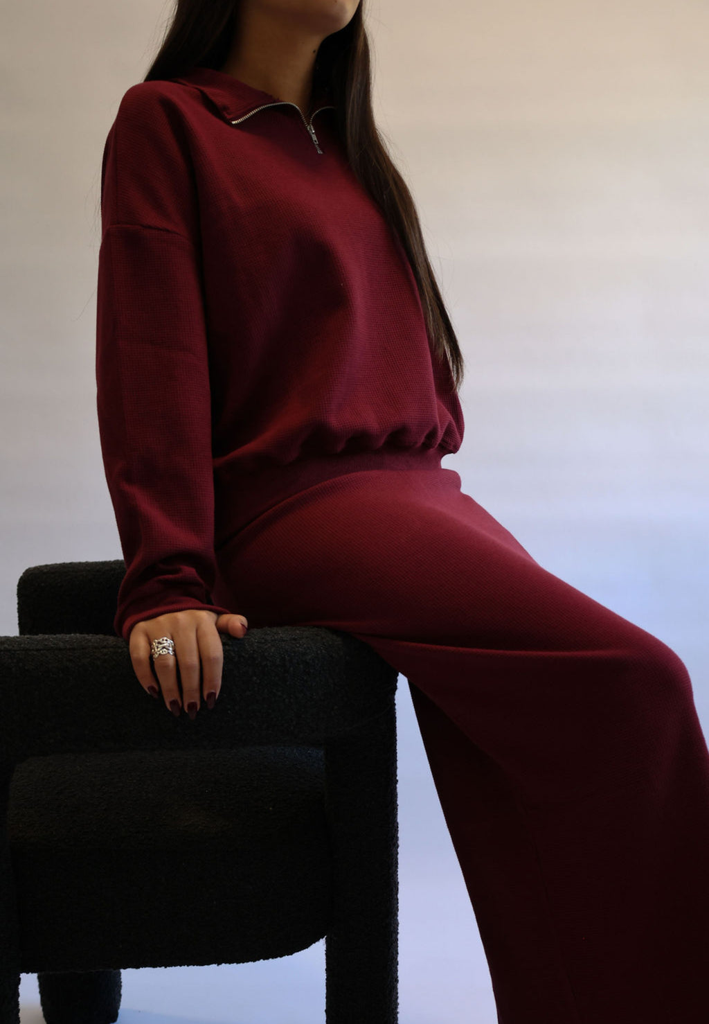 Burgundy waffle half zip skirt set